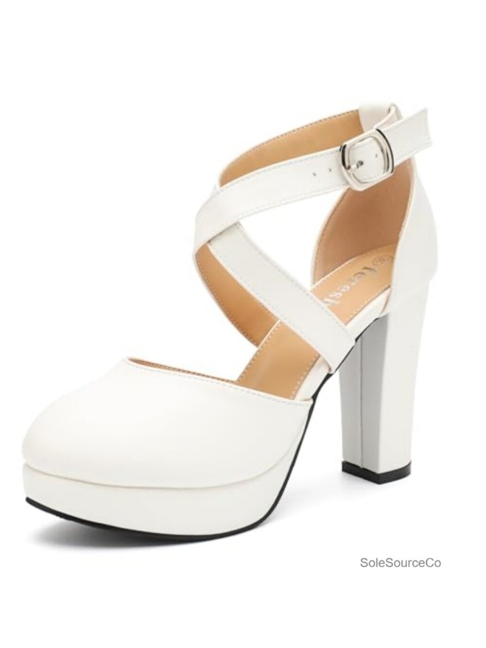 Chunky Block Heel Platform Pumps Crisscross Ankle Strap Closed Toe Dress Shoes